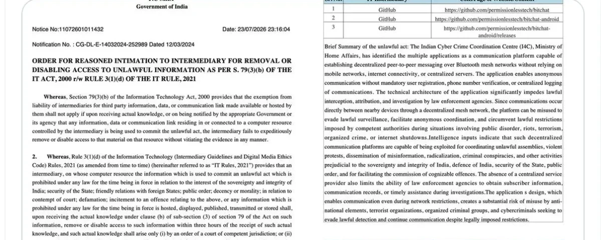 India's Crackdown on Decentralized Communication: GitHub and the Bitchat Controversy